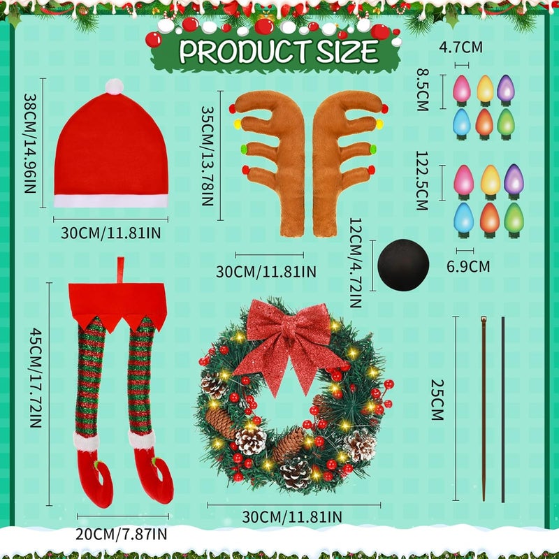 Riceshoot Store Reindeer Antler Car Kit with LED Lights Car Christmas Decoration Santa Claus Elf Leg Lighted Christmas Wreath Reflective Bulb Light Magnets Car Window Kit Automotive Exterior Accessory - Image 2